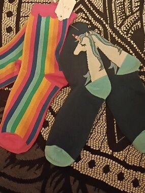 2 Pairs Of Cute Socks. One Pair Of  Pinstripes & One Pair Of Sleepy Unicorn Each